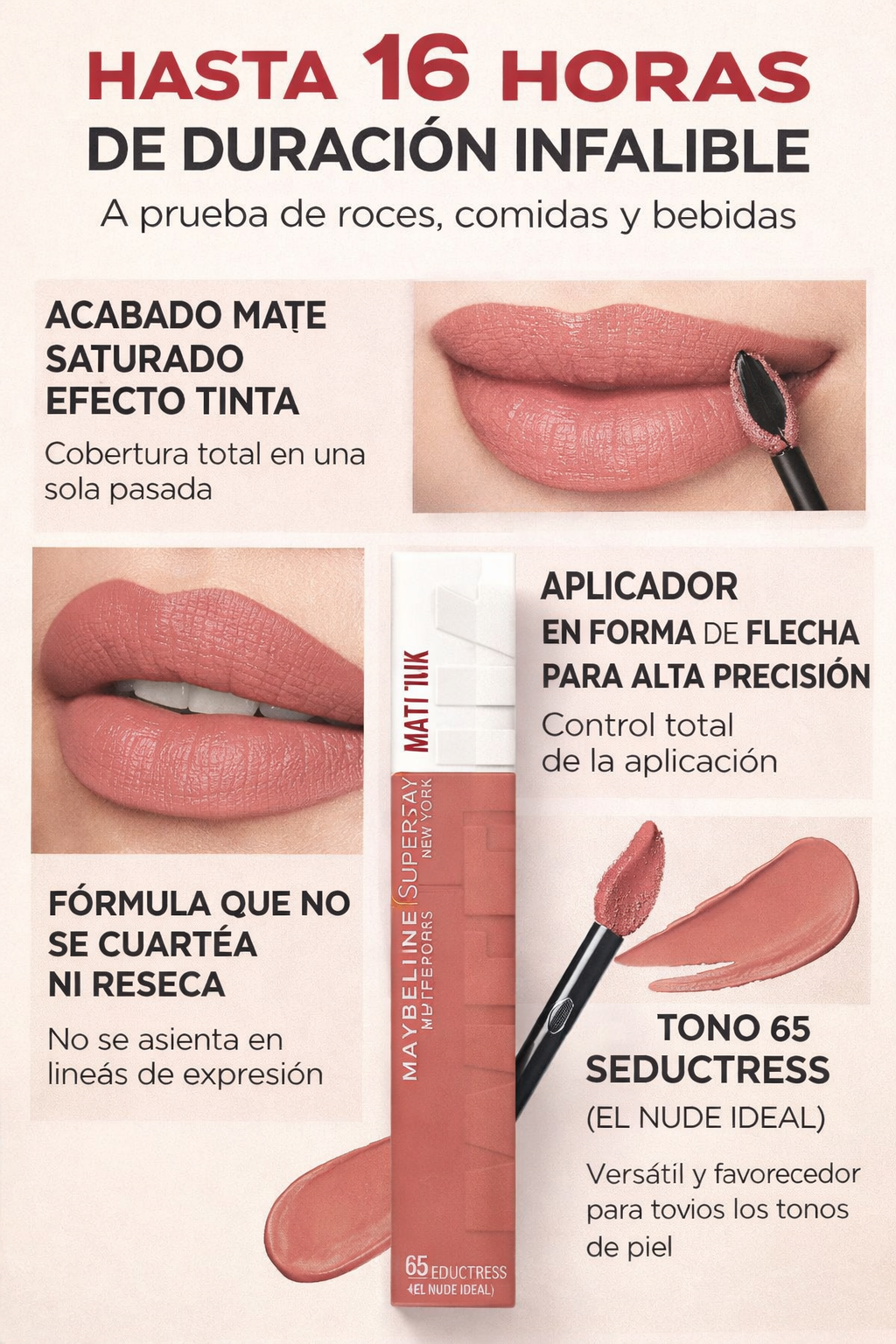 Pintalabios Mate De Larga Duración, Tono 65 - Seductres, Rosa Nude